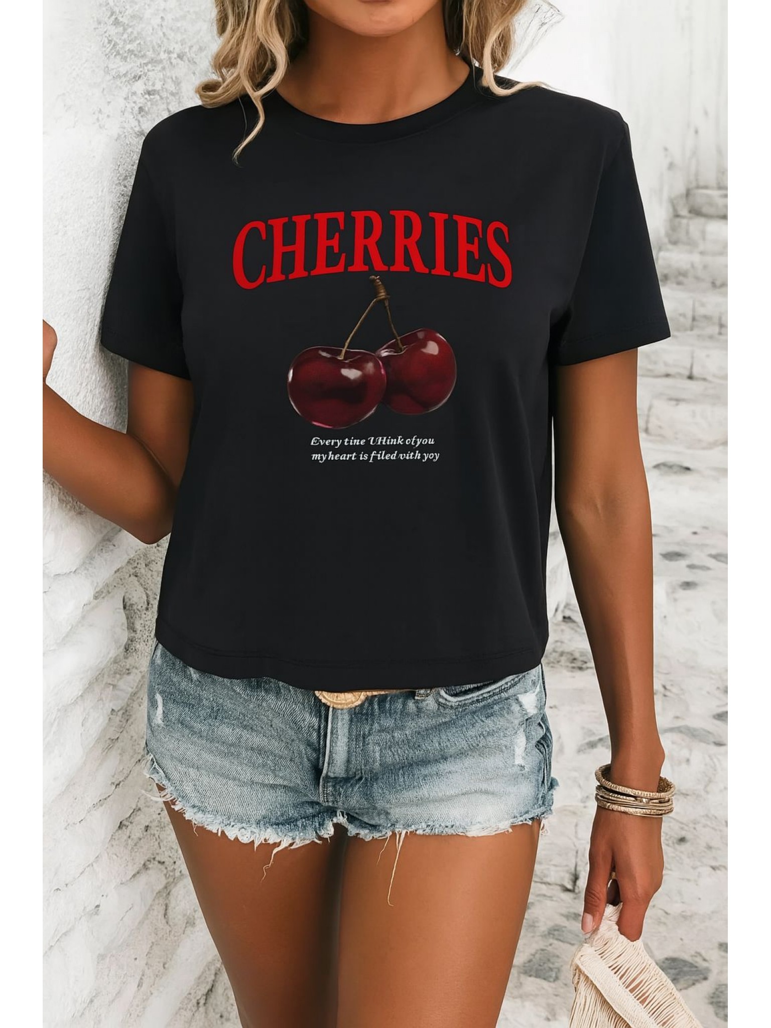 ELZE MODA ÖZEL CHERRİES BASKILI OVERSİZE T-SHİRT