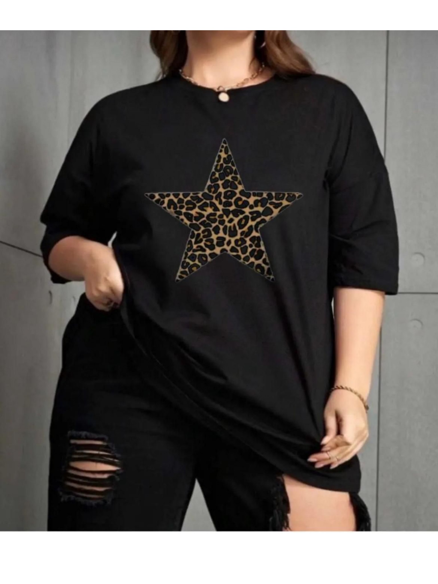 ELZE MODA LEOPAR YILDIZ BASKILI OVERSİZE T-SHİRT